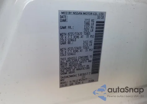 2019 Nissan Pathfinder S z USA, uszkodzony, nr VIN 5N1DR2MM0KC589077